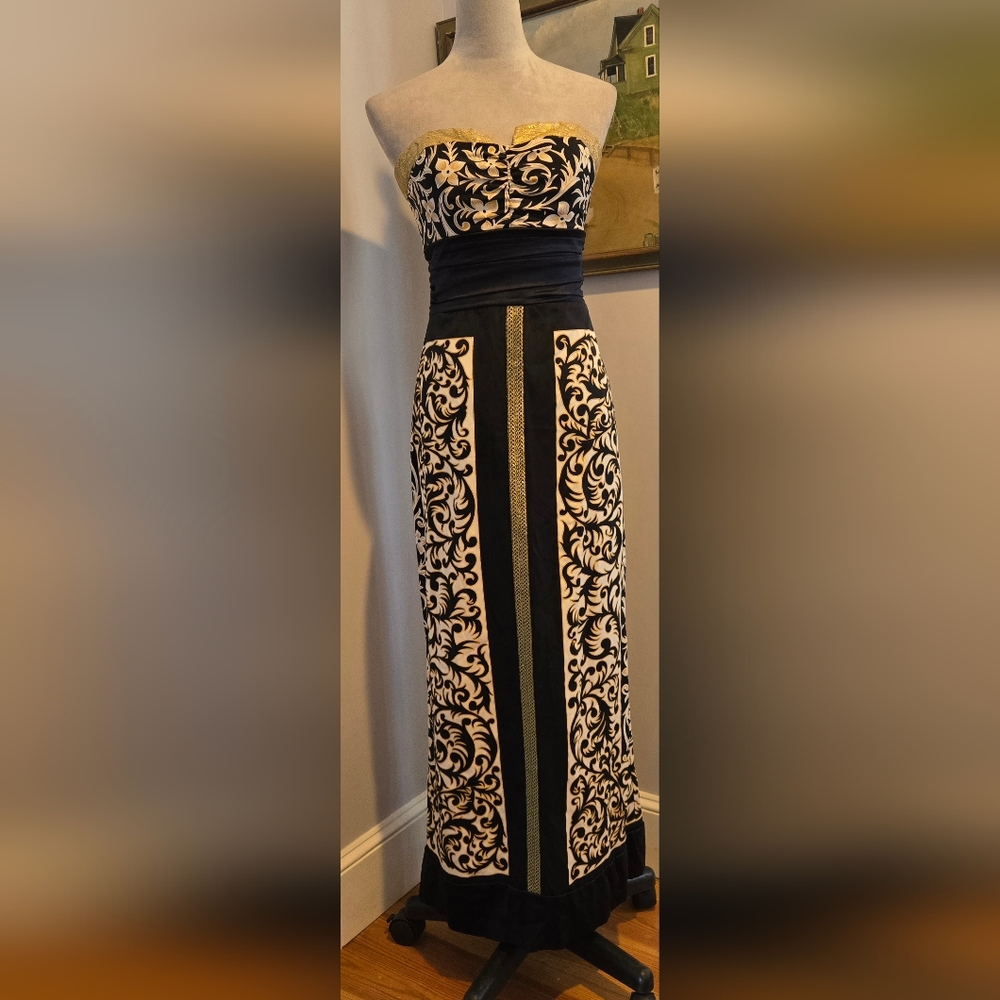 Nicole Miller Collection strapless long gown black gold silk fits XS - Picture 2 of 10